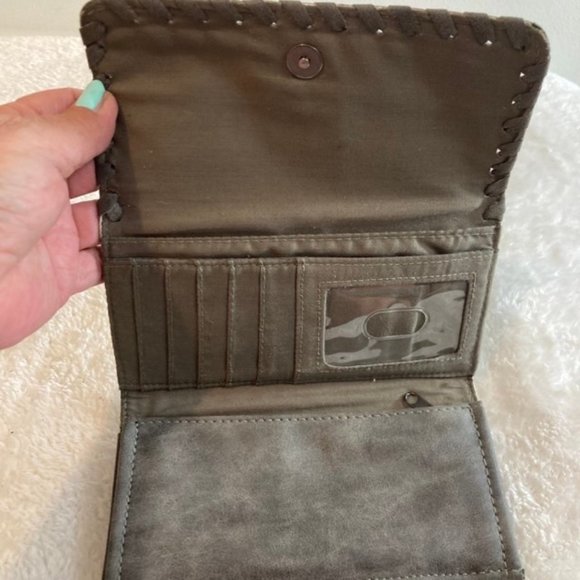 Mix No. 6 Grey Wallet suede type material ivory stone embellishment snap shut - Picture 3 of 8